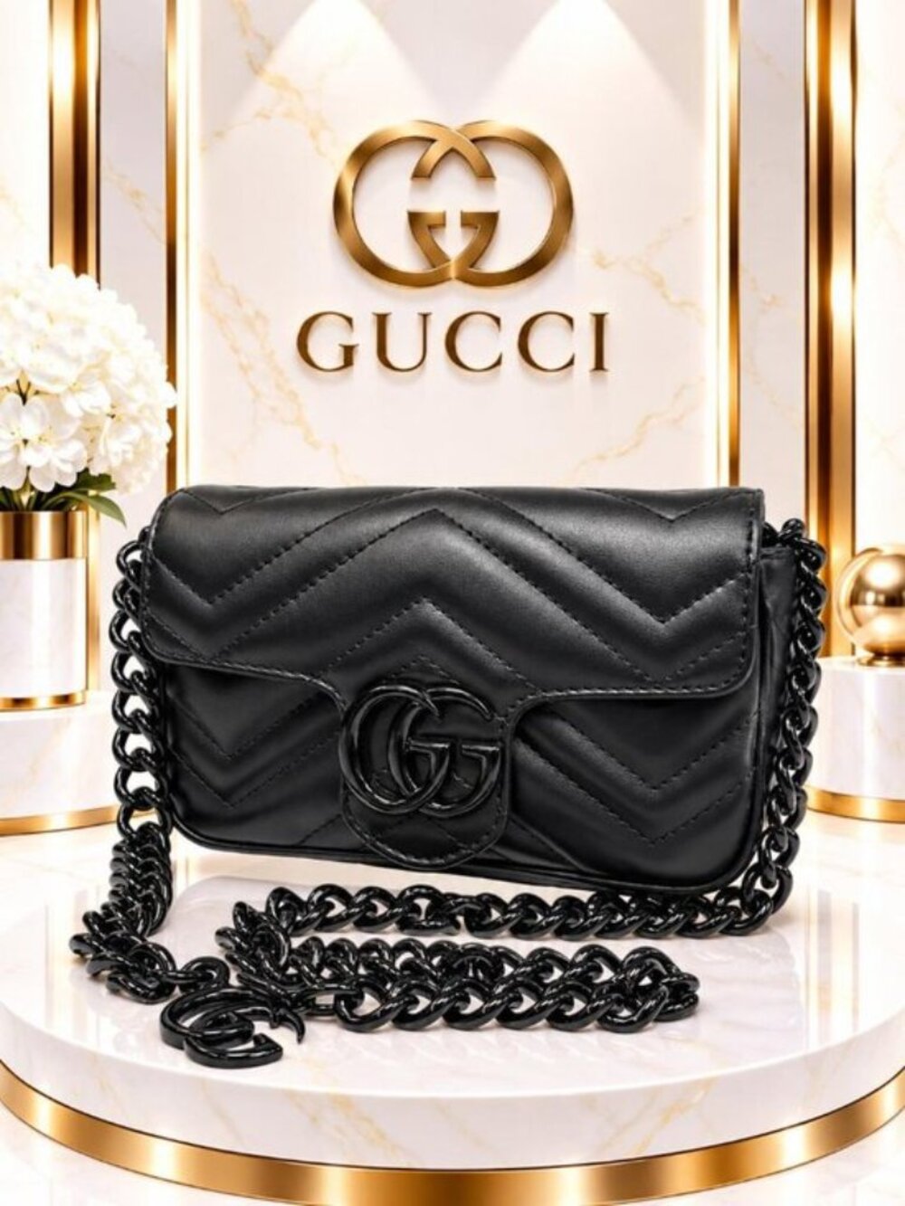 Authentic Gucci GG Marmont Mini Black Matelassé Leather Chain Crossbody Bag